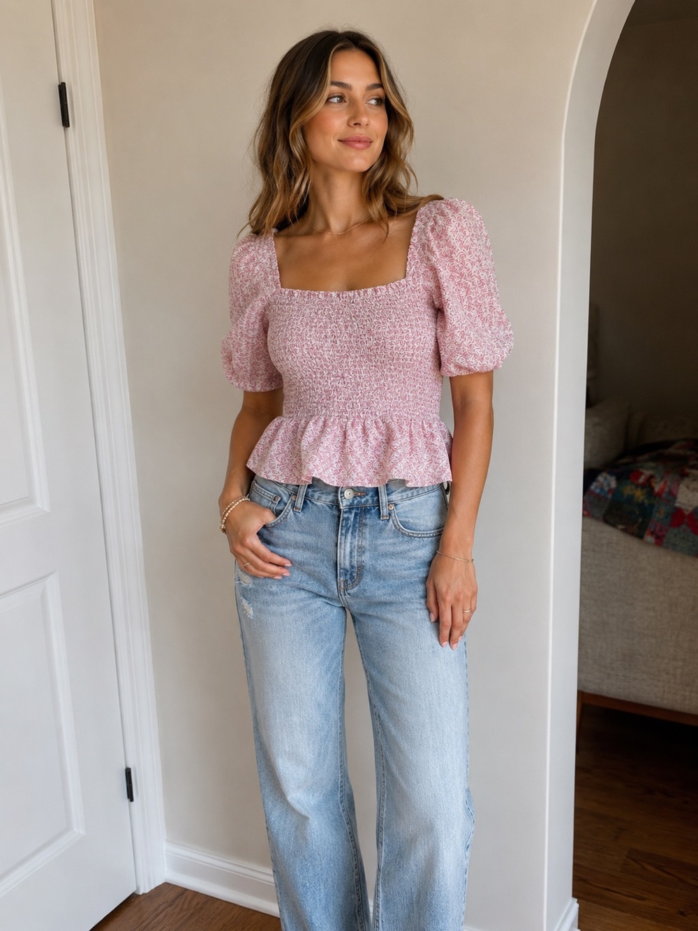 French Connection Pink Smocked Peplum Puff-Sleeve Top